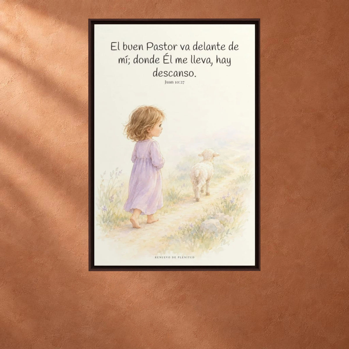 El buen Pastor va delante de mí | Decoración de fe para pared | Juan 10:27 — 24×36 pulgadas, marco espresso, vista frontal ambiental, escala física calibrada