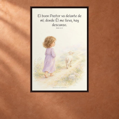El buen Pastor va delante de mí | Decoración de fe para pared | Juan 10:27 — 24×36 pulgadas, marco espresso, vista frontal ambiental, escala física calibrada