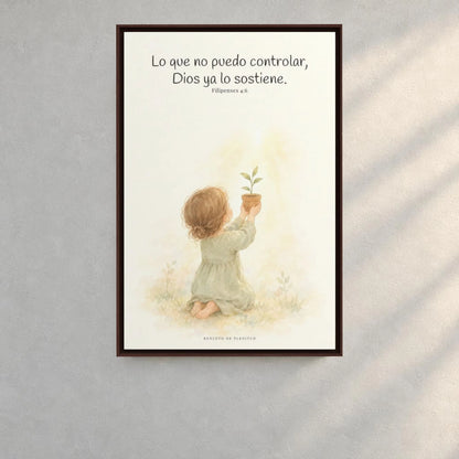 Dios cuida lo que yo no puedo controlar | Decoración de fe para pared | Filipenses 4:6 — 24×36 pulgadas, marco espresso, vista frontal ambiental, escala física calibrada