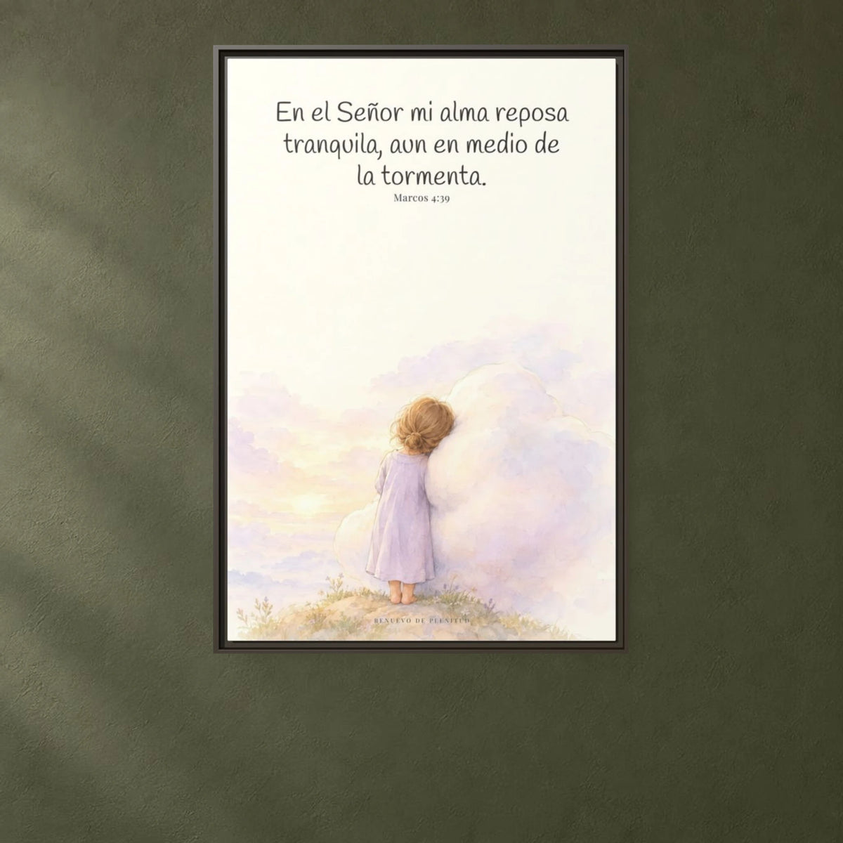 En el Señor mi alma reposa tranquila | Lienzo de fe para el hogar | Marcos 4:39 — 24×36 pulgadas, marco espresso, vista frontal ambiental, escala física calibrada