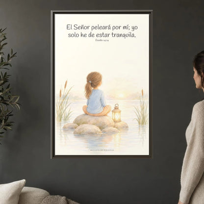 Jehová peleará por mí — Lienzo Cristiano Enmarcado | Éxodo 14:14 — 24×36 pulgadas, marco espresso, vista frontal ambiental, escala física calibrada