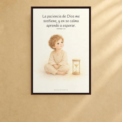 En la paciencia de Dios encuentro reposo | Cuadro de fe enmarcado | Santiago 1:19 — 24×36 pulgadas, marco espresso, vista frontal ambiental, escala física calibrada