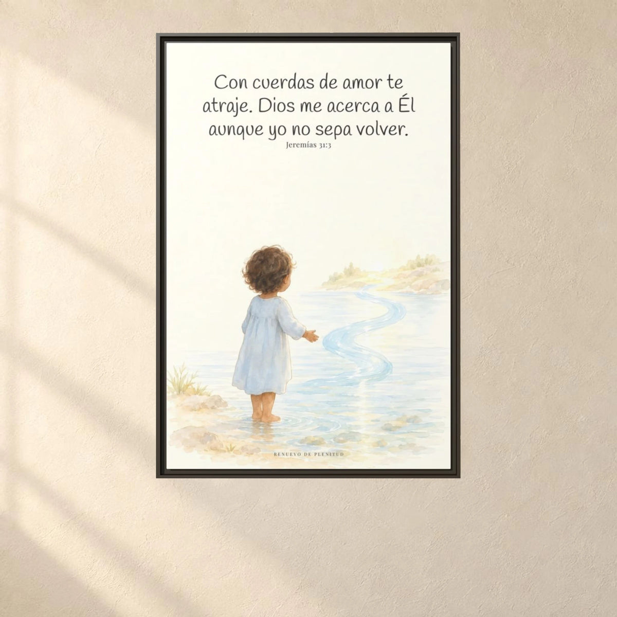 Con cuerdas de amor te atraje — Lienzo Cristiano Enmarcado | Jeremías 31:3 — 24×36 pulgadas, marco espresso, vista frontal ambiental, escala física calibrada