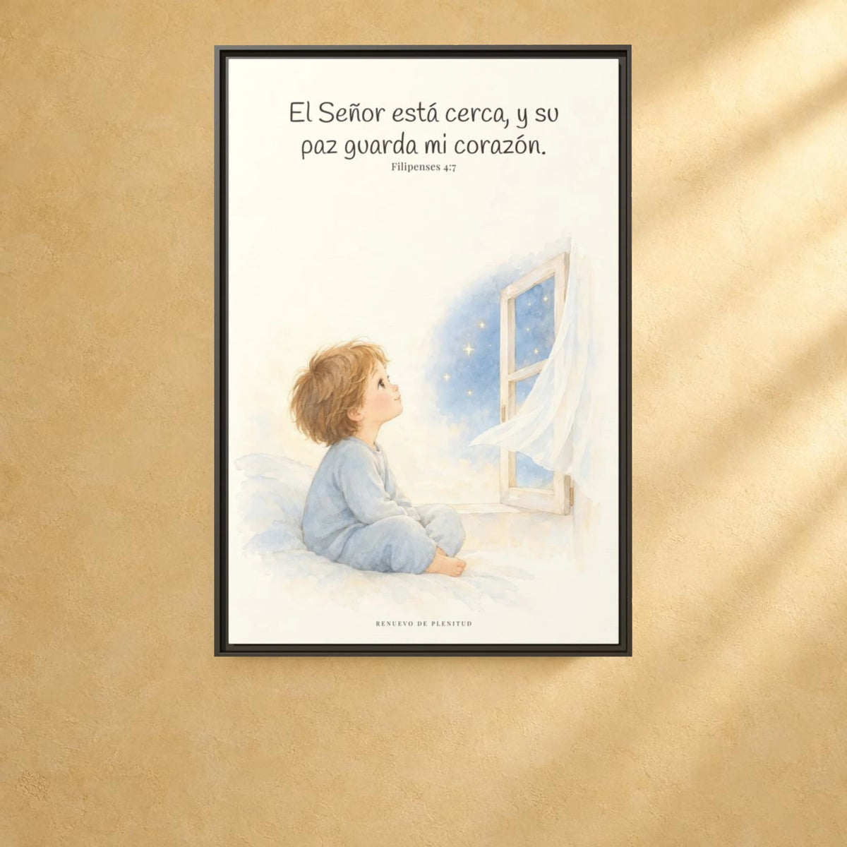 El Señor está cerca de mí | Lienzo bíblico para el hogar | Filipenses 4:7 — 24×36 pulgadas, marco espresso, vista frontal ambiental, escala física calibrada
