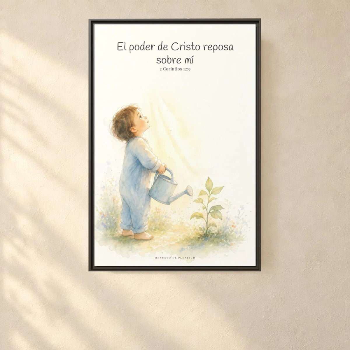 Su poder descansa sobre mí — Lienzo Cristiano Enmarcado | 2 Corintios 12:9 — 24×36 pulgadas, marco espresso, vista frontal ambiental, escala física calibrada