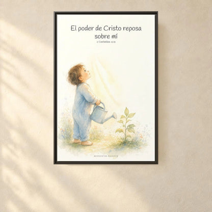 Su poder descansa sobre mí — Lienzo Cristiano Enmarcado | 2 Corintios 12:9 — 24×36 pulgadas, marco espresso, vista frontal ambiental, escala física calibrada