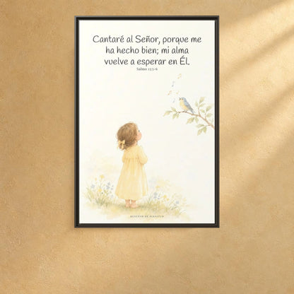 Cantaré a Jehová porque me ha hecho bien — Lienzo Cristiano Enmarcado | Salmo 13:5-6 — 24×36 pulgadas, marco espresso, vista frontal ambiental, escala física calibrada