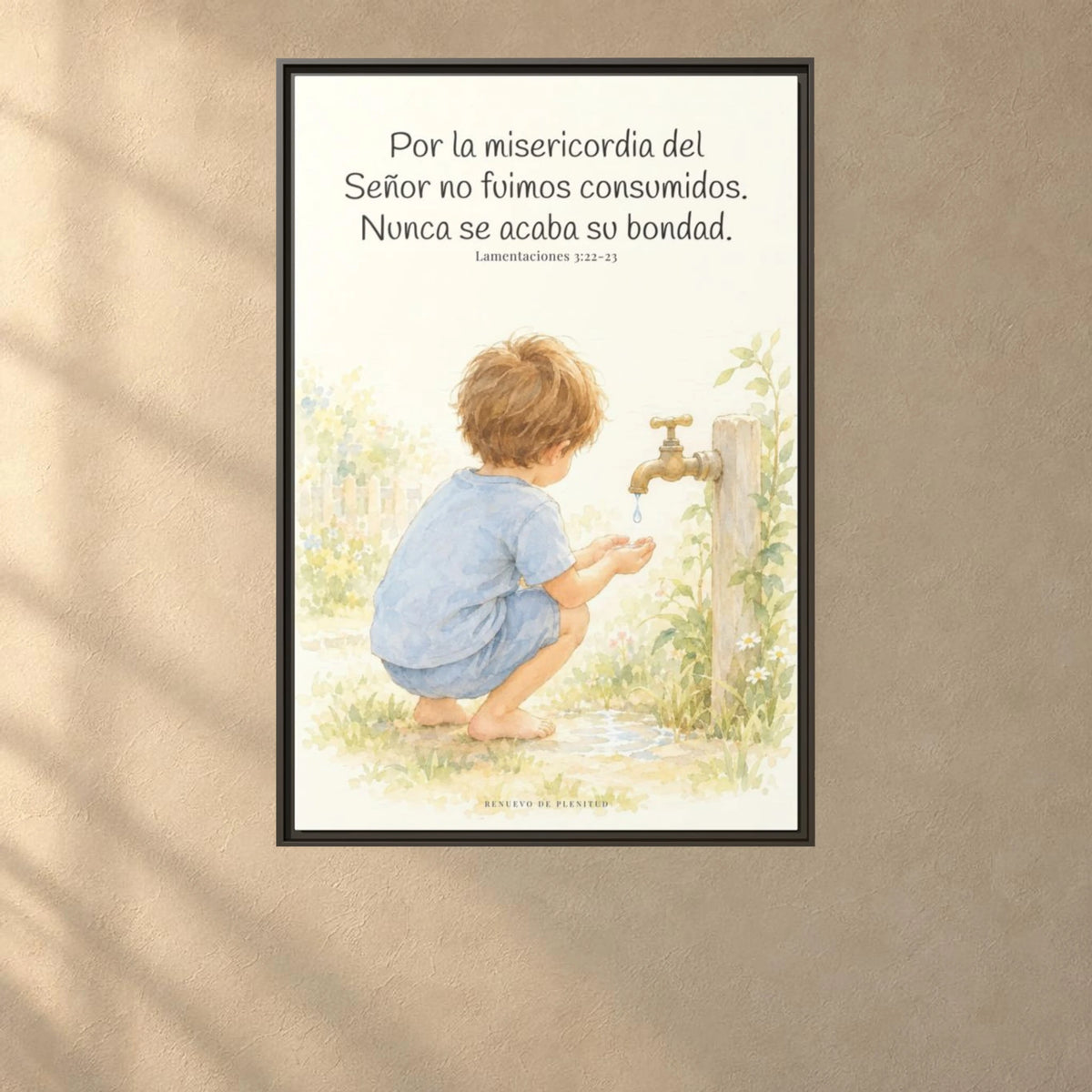 Nunca se acaba la misericordia de Dios — Lienzo Cristiano Enmarcado | Lamentaciones 3:22-23 — 24×36 pulgadas, marco espresso, vista frontal ambiental, escala física calibrada