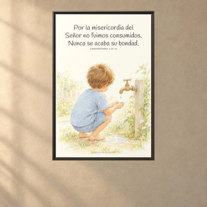 Nunca se acaba la misericordia de Dios — Lienzo Cristiano Enmarcado | Lamentaciones 3:22-23 — 24×36 pulgadas, marco espresso, vista frontal ambiental, escala física calibrada
