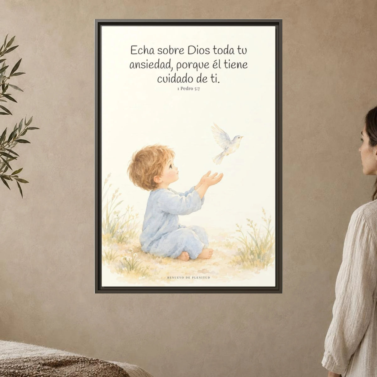 Echa Toda Tu Ansiedad Sobre Dios — Lienzo Cristiano Enmarcado | 1 Pedro 5:7 — 24×36 pulgadas, marco espresso, vista frontal ambiental, escala física calibrada