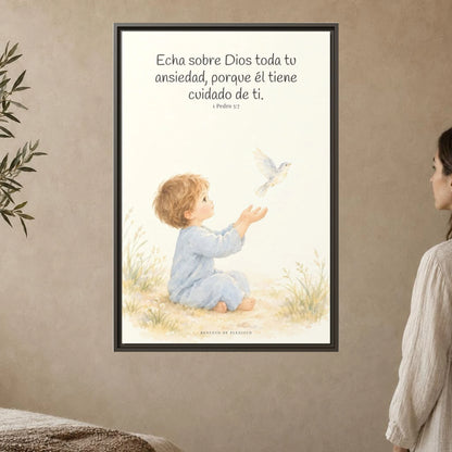 Echa Toda Tu Ansiedad Sobre Dios — Lienzo Cristiano Enmarcado | 1 Pedro 5:7 — 24×36 pulgadas, marco espresso, vista frontal ambiental, escala física calibrada