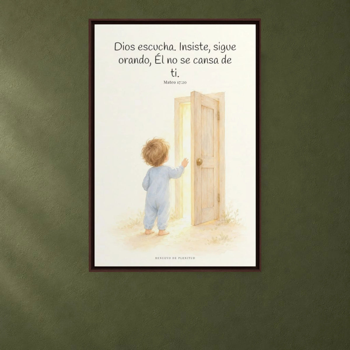 Dios escucha cada oración que le traigo | Cuadro de fe enmarcado | Mateo 17:20 — 24×36 pulgadas, marco espresso, vista frontal ambiental, escala física calibrada