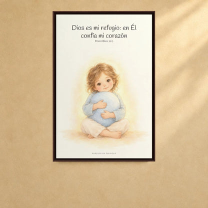 En Dios encuentro mi refugio | Cuadro bíblico para el hogar | Proverbios 30:5 — 24×36 pulgadas, marco espresso, vista frontal ambiental, escala física calibrada