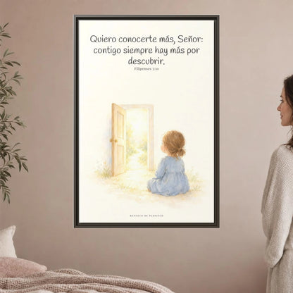 Quiero conocerte más, Señor — Lienzo Cristiano Enmarcado | Filipenses 3:10 — 24×36 pulgadas, marco espresso, vista frontal ambiental, escala física calibrada