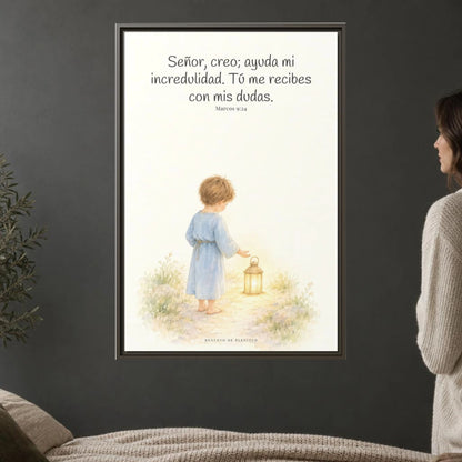Señor, creo; ayuda mi incredulidad — Lienzo Cristiano Enmarcado | Marcos 9:24 — 24×36 pulgadas, marco espresso, vista frontal ambiental, escala física calibrada