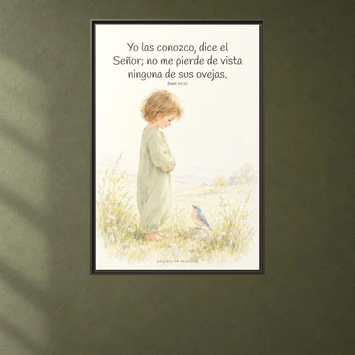 El Señor me conoce por mi nombre — Lienzo Cristiano Enmarcado | Juan 10:27 — 24×36 pulgadas, marco espresso, vista frontal ambiental, escala física calibrada