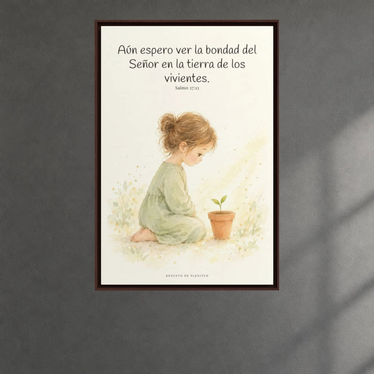 El Señor es bueno y yo veré su bondad | Cuadro bíblico para el hogar | Salmo 27:13 — 24×36 pulgadas, marco espresso, vista frontal ambiental, escala física calibrada