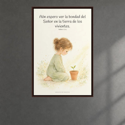 El Señor es bueno y yo veré su bondad | Cuadro bíblico para el hogar | Salmo 27:13 — 24×36 pulgadas, marco espresso, vista frontal ambiental, escala física calibrada