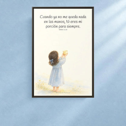 Mi porción eres tú, Señor — Lienzo Cristiano Enmarcado | Salmo 73:26 — 24×36 pulgadas, marco espresso, vista frontal ambiental, escala física calibrada