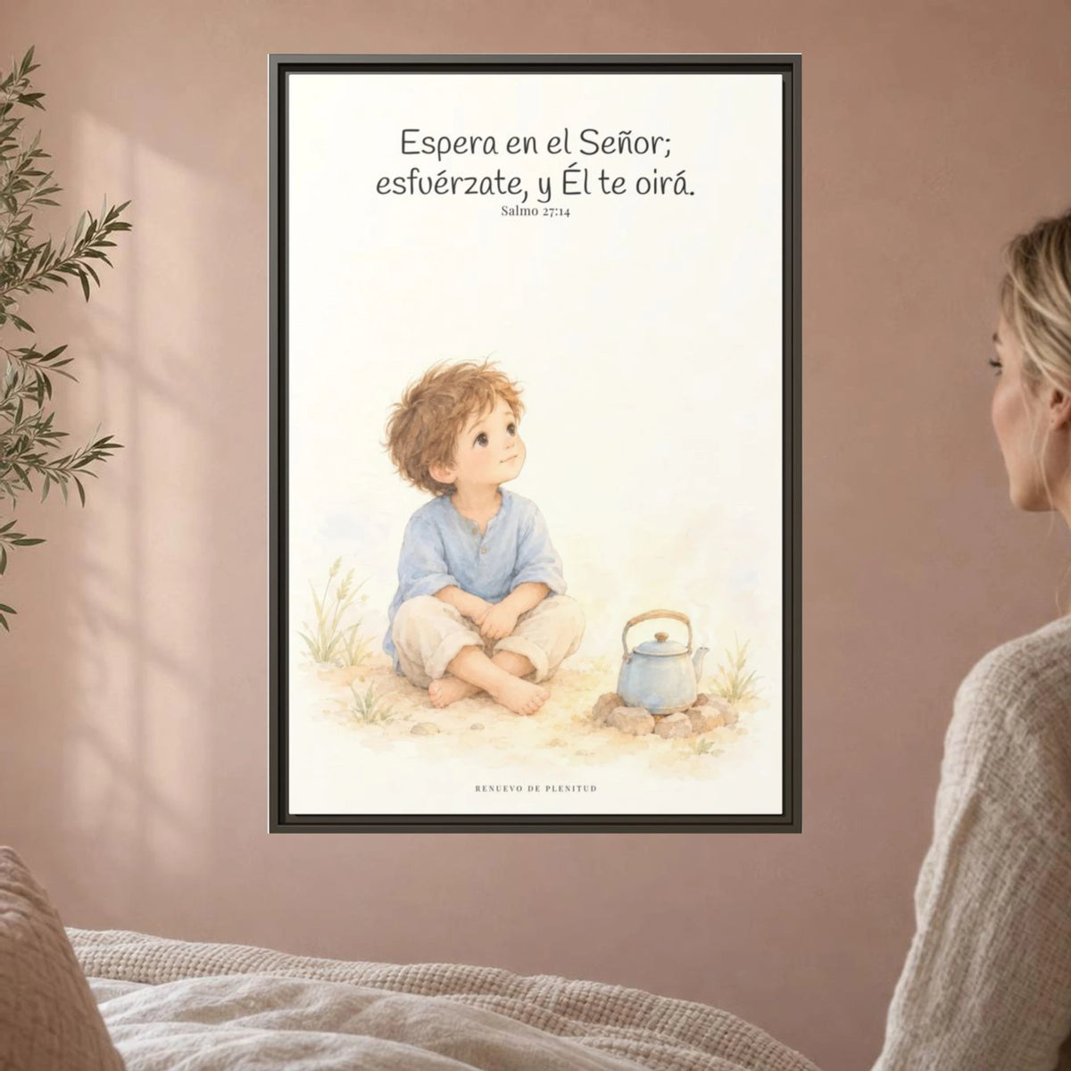 Espera en Jehová, Él te oye — Lienzo Cristiano Enmarcado | Salmo 27:14 — 24×36 pulgadas, marco espresso, vista frontal ambiental, escala física calibrada