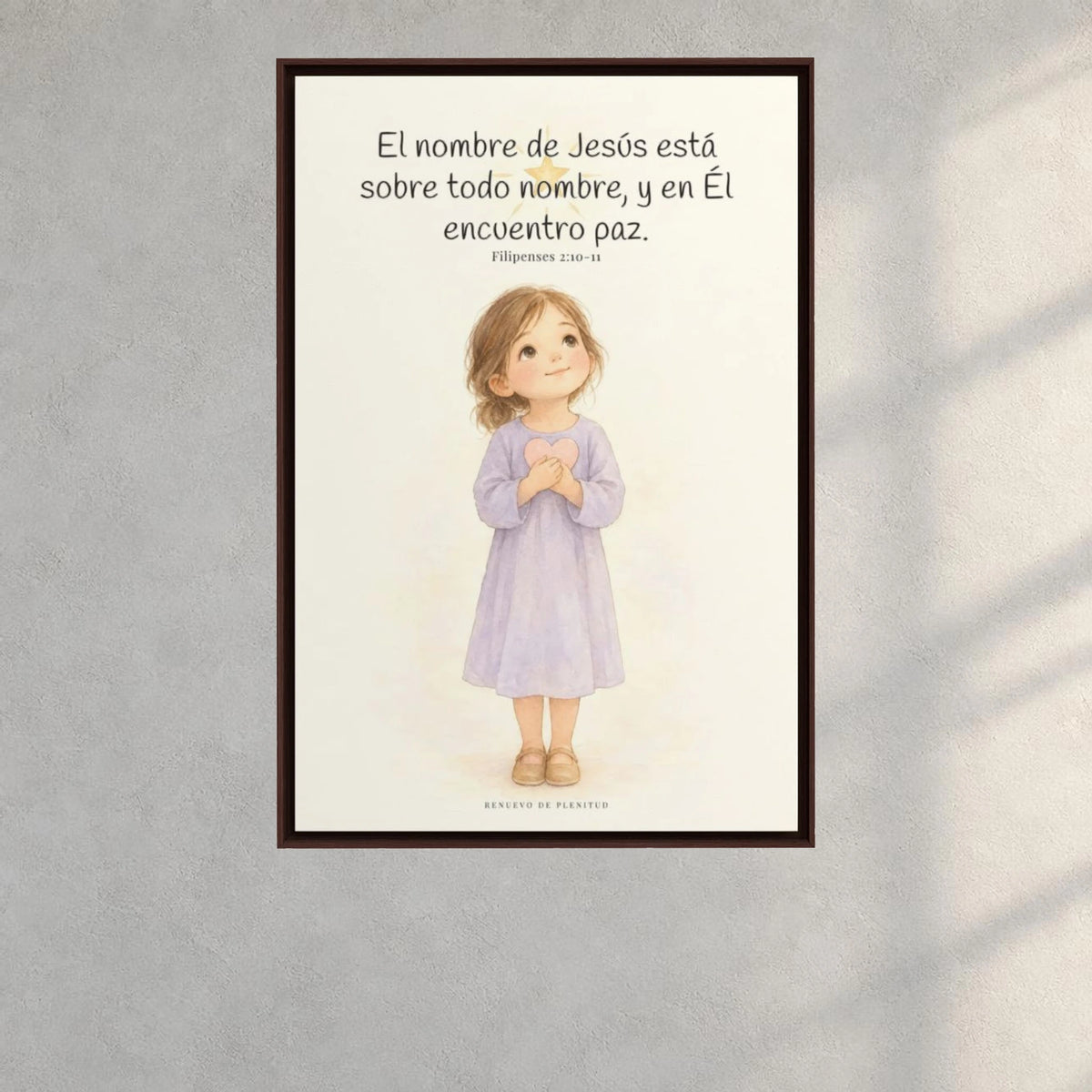 El nombre de Jesús está sobre todo nombre | Lienzo de fe para el hogar | Filipenses 2:10-11 — 24×36 pulgadas, marco espresso, vista frontal ambiental, escala física calibrada