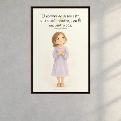 El nombre de Jesús está sobre todo nombre | Lienzo de fe para el hogar | Filipenses 2:10-11 — 24×36 pulgadas, marco espresso, vista frontal ambiental, escala física calibrada