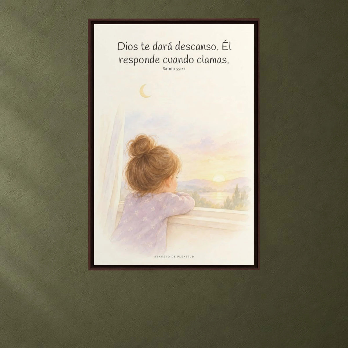 Dios te dará descanso | Cuadro cristiano enmarcado | Salmo 55:22 — 24×36 pulgadas, marco espresso, vista frontal ambiental, escala física calibrada