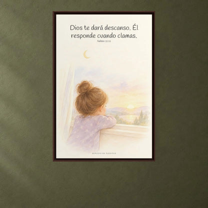 Dios te dará descanso | Cuadro cristiano enmarcado | Salmo 55:22 — 24×36 pulgadas, marco espresso, vista frontal ambiental, escala física calibrada