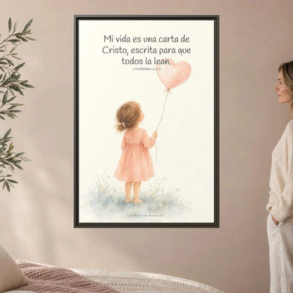 Mi vida es una carta de Cristo — Lienzo Cristiano Enmarcado | 2 Corintios 3:2-3 — 24×36 pulgadas, marco espresso, vista frontal ambiental, escala física calibrada