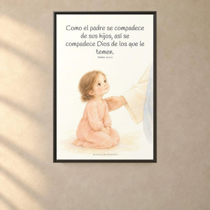 Como el padre se compadece de sus hijos — Lienzo Cristiano Enmarcado | Salmo 103:13 — 24×36 pulgadas, marco espresso, vista frontal ambiental, escala física calibrada