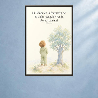 El Señor es la fortaleza de mi vida — Lienzo Cristiano Enmarcado | Salmo 27:1 — 24×36 pulgadas, marco espresso, vista frontal ambiental, escala física calibrada