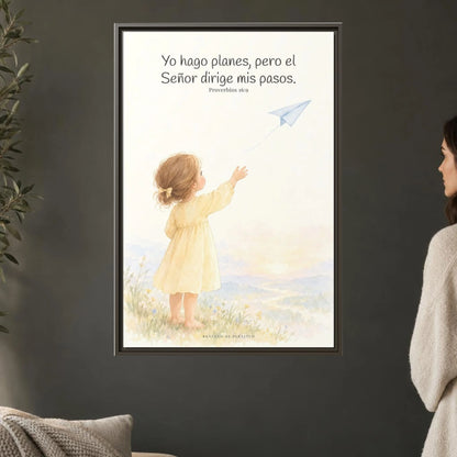 Jehová dirige mis pasos — Lienzo Cristiano Enmarcado | Proverbios 16:9 — 24×36 pulgadas, marco espresso, vista frontal ambiental, escala física calibrada