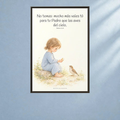 Mucho más valéis vosotros que las aves — Lienzo Cristiano Enmarcado | Mateo 6:26 — 24×36 pulgadas, marco espresso, vista frontal ambiental, escala física calibrada