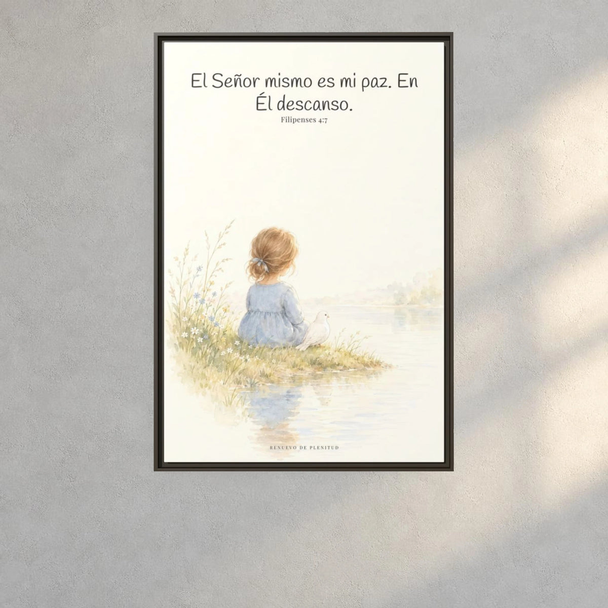 El Señor mismo es mi paz — Lienzo Cristiano Enmarcado | Filipenses 4:7 — 24×36 pulgadas, marco espresso, vista frontal ambiental, escala física calibrada
