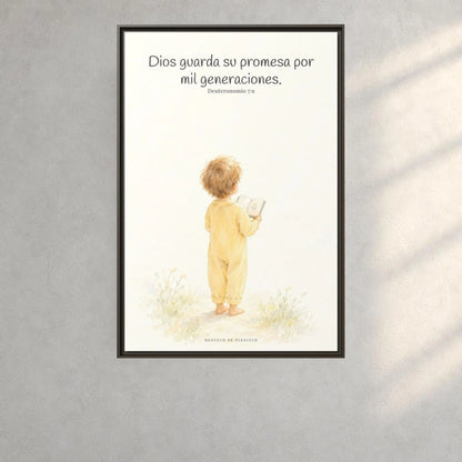 Dios guarda su pacto por mil generaciones — Lienzo Cristiano Enmarcado | Deuteronomio 7:9 — 24×36 pulgadas, marco espresso, vista frontal ambiental, escala física calibrada