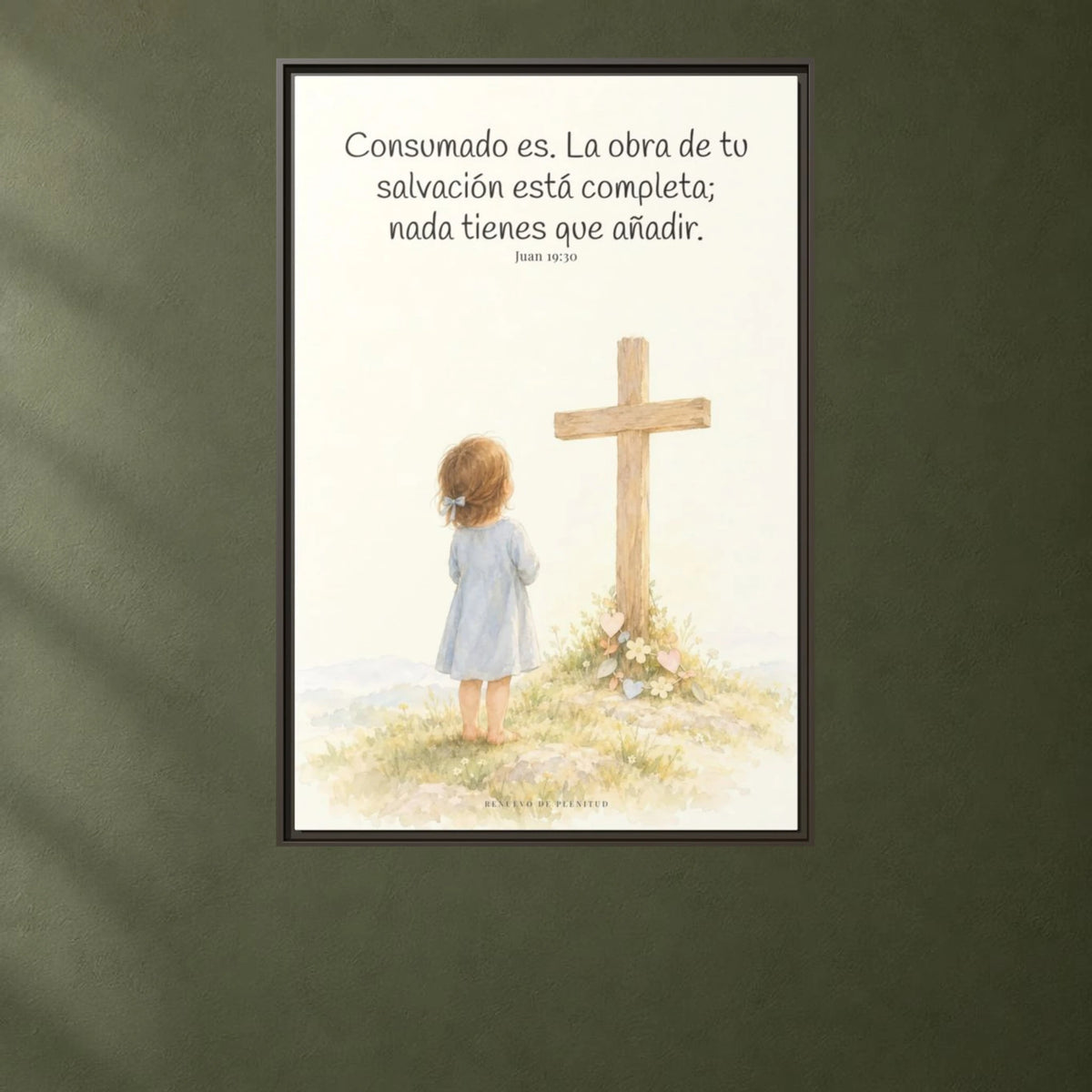 Consumado es: ya nada falta en la obra de Cristo — Lienzo Cristiano Enmarcado | Juan 19:30 — 24×36 pulgadas, marco espresso, vista frontal ambiental, escala física calibrada