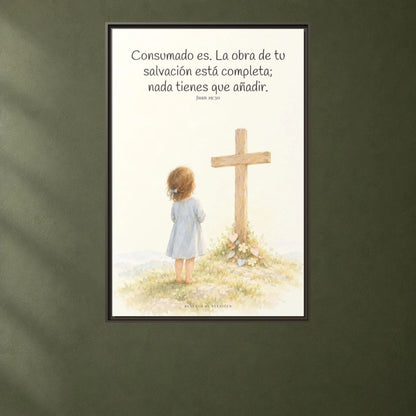 Consumado es: ya nada falta en la obra de Cristo — Lienzo Cristiano Enmarcado | Juan 19:30 — 24×36 pulgadas, marco espresso, vista frontal ambiental, escala física calibrada