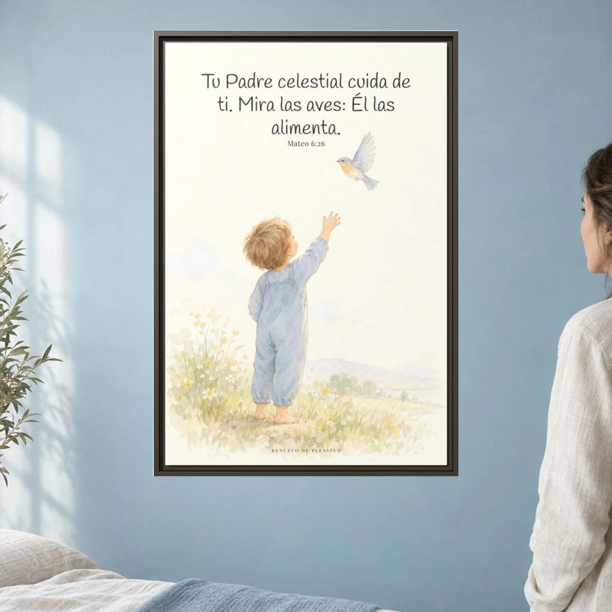 Tu Padre celestial cuida de mí — Lienzo Cristiano Enmarcado | Mateo 6:26 — 24×36 pulgadas, marco espresso, vista frontal ambiental, escala física calibrada