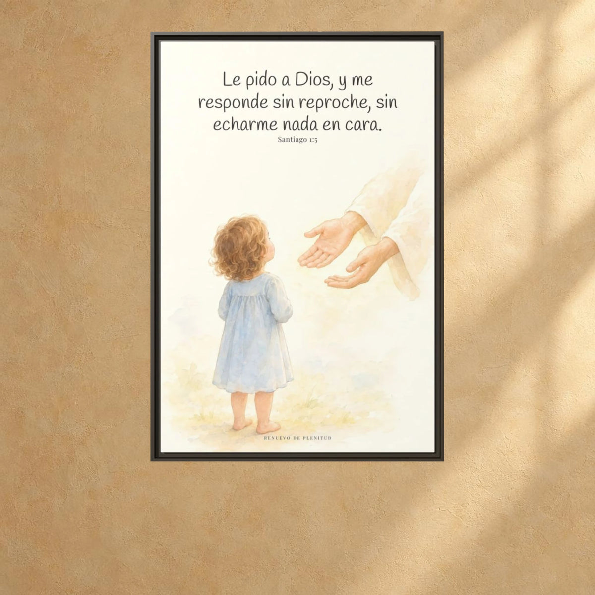 Dios me responde sin echármelo en cara — Lienzo Cristiano Enmarcado | Santiago 1:5 — 24×36 pulgadas, marco espresso, vista frontal ambiental, escala física calibrada