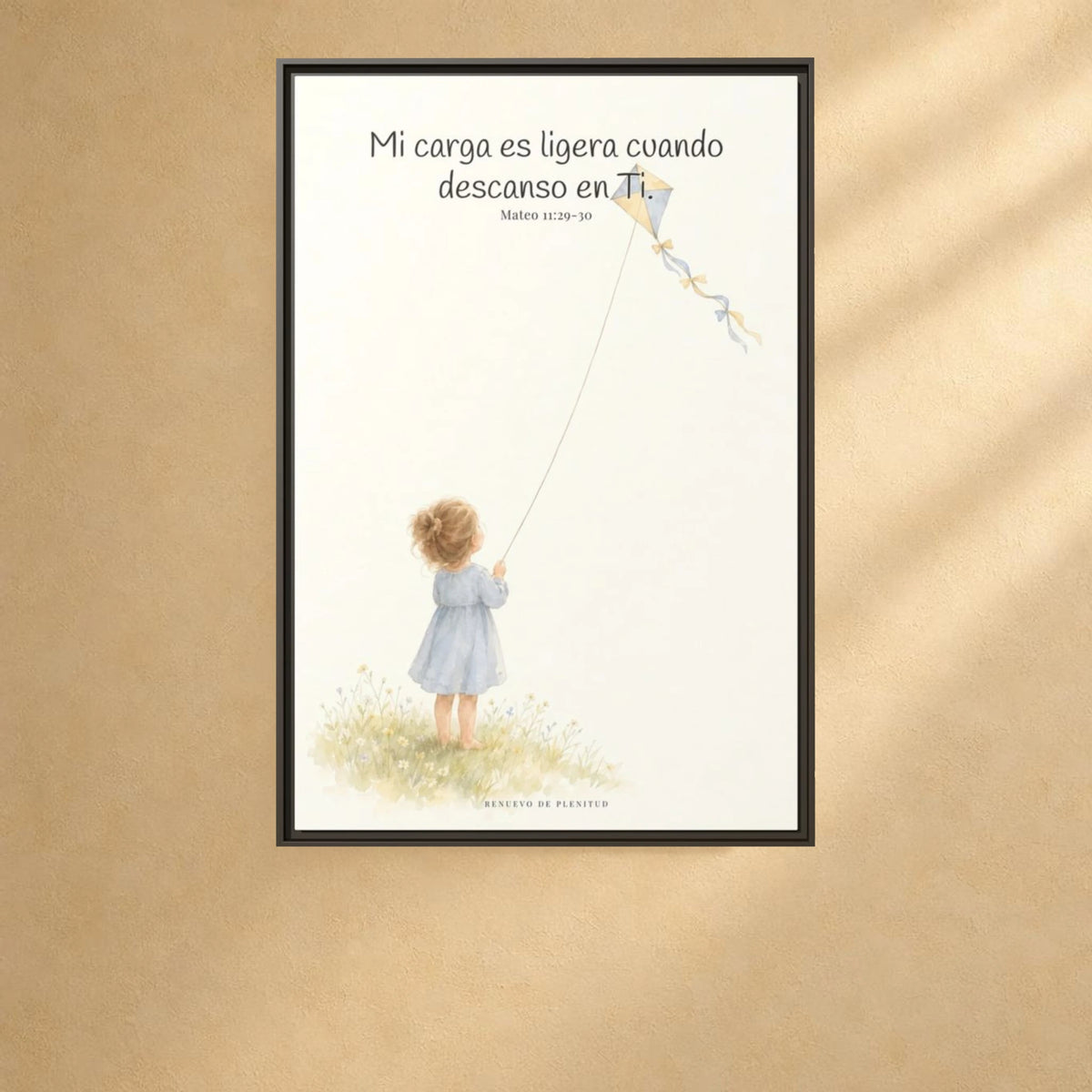 Mi carga es ligera cuando descanso en Ti — Lienzo Cristiano Enmarcado | Mateo 11:29-30 — 24×36 pulgadas, marco espresso, vista frontal ambiental, escala física calibrada