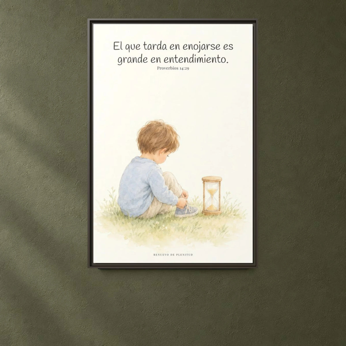 El que es lento para la ira es grande en entendimiento — Lienzo Cristiano Enmarcado | Proverbios 14:29 — 24×36 pulgadas, marco espresso, vista frontal ambiental, escala física calibrada