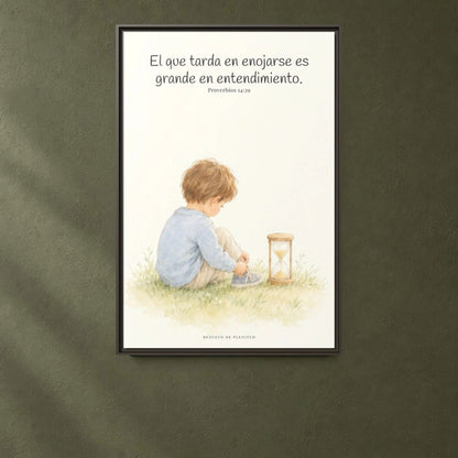 El que es lento para la ira es grande en entendimiento — Lienzo Cristiano Enmarcado | Proverbios 14:29 — 24×36 pulgadas, marco espresso, vista frontal ambiental, escala física calibrada