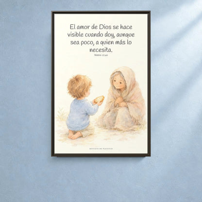 El amor de Dios se da en cosas pequeñas — Lienzo Cristiano Enmarcado | Mateo 25:40 — 24×36 pulgadas, marco espresso, vista frontal ambiental, escala física calibrada