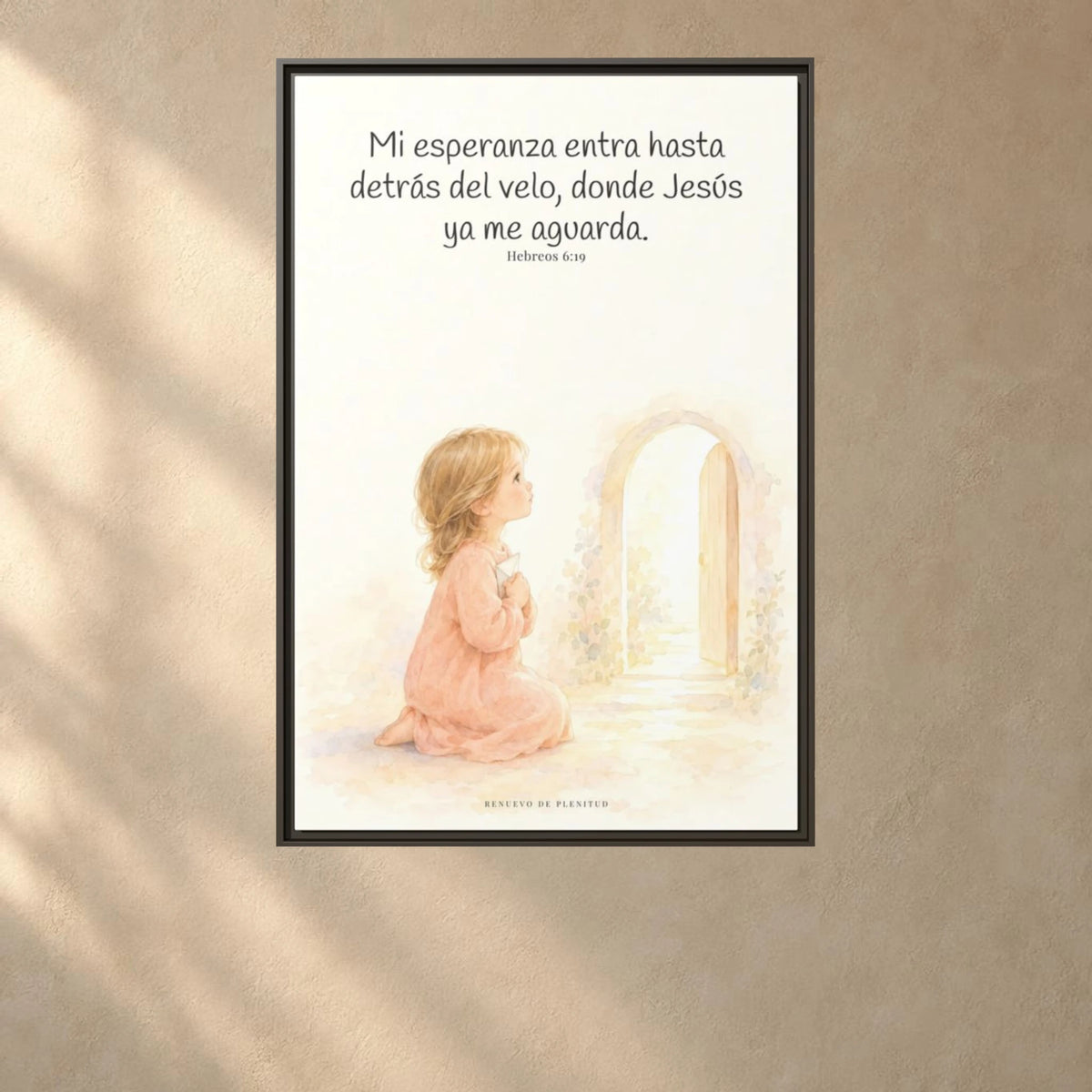 Mi esperanza entra hasta detrás del velo — Lienzo Cristiano Enmarcado | Hebreos 6:19 — 24×36 pulgadas, marco espresso, vista frontal ambiental, escala física calibrada