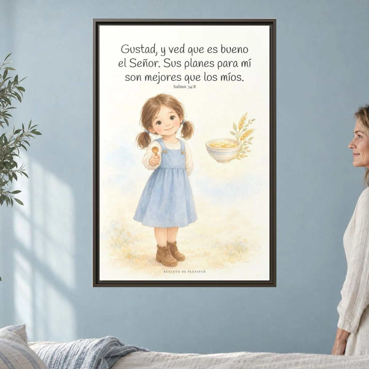 Gustad, y ved que es bueno Jehová — Lienzo Cristiano Enmarcado | Salmo 34:8 — 24×36 pulgadas, marco espresso, vista frontal ambiental, escala física calibrada