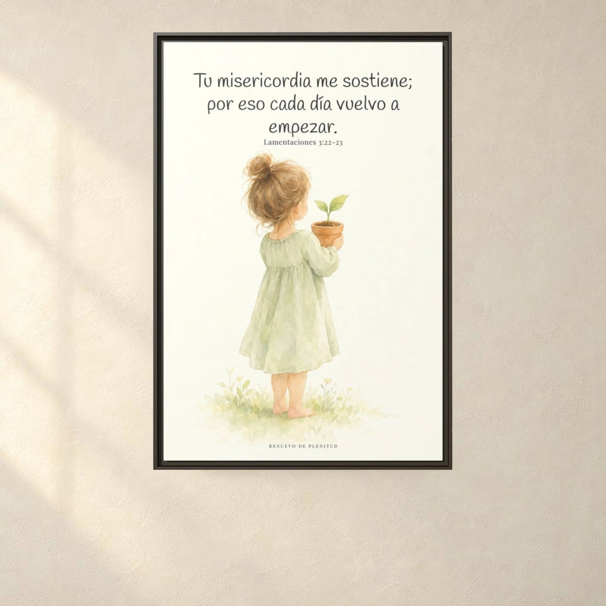 Por la misericordia de Jehová no fuimos consumidos — Lienzo Cristiano Enmarcado | Lamentaciones 3:22-23 — 24×36 pulgadas, marco espresso, vista frontal ambiental, escala física calibrada