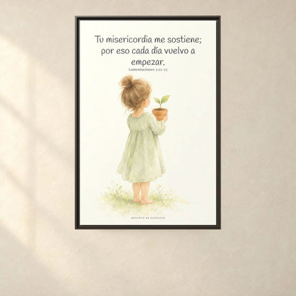 Por la misericordia de Jehová no fuimos consumidos — Lienzo Cristiano Enmarcado | Lamentaciones 3:22-23 — 24×36 pulgadas, marco espresso, vista frontal ambiental, escala física calibrada
