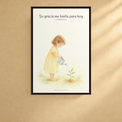 Su gracia me basta para hoy | Decoración de fe para pared | 2 Corintios 12:9 — 24×36 pulgadas, marco espresso, vista frontal ambiental, escala física calibrada