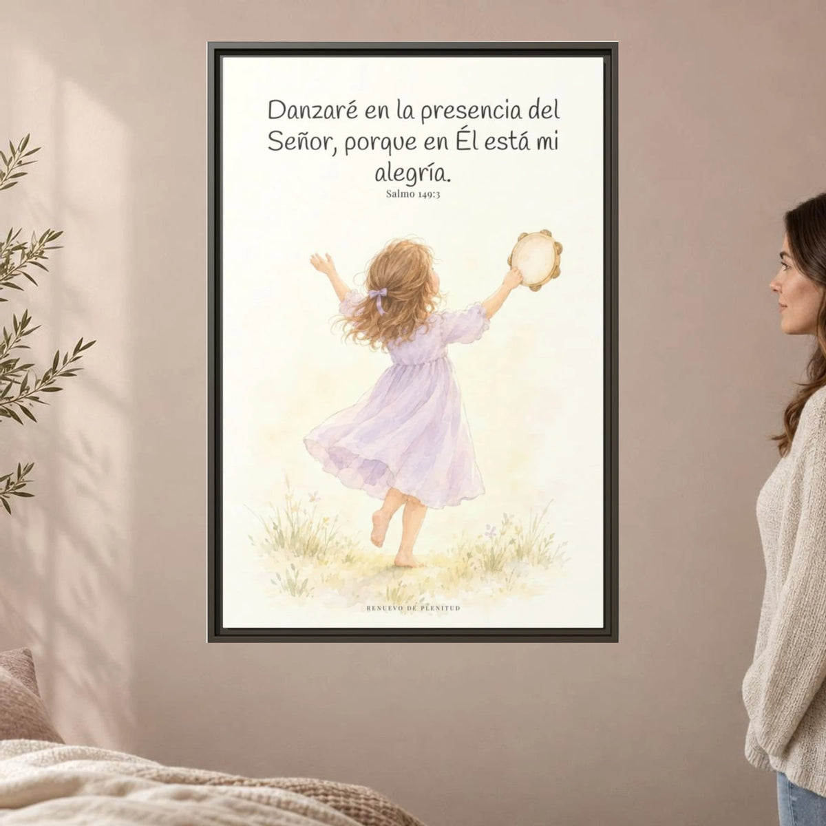 Danzaré en la presencia del Señor — Lienzo Cristiano Enmarcado | Salmo 149:3 — 24×36 pulgadas, marco espresso, vista frontal ambiental, escala física calibrada