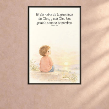 El día habla de la grandeza de Dios | Lienzo cristiano decorativo | Salmo 19:1 — 24×36 pulgadas, marco espresso, vista frontal ambiental, escala física calibrada